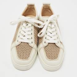 Pre Owned Christian Louboutin White/Brown Leather and Woven Fabric Rantulow Low-Top Sneakers Size 40