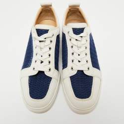 Pre Owned Christian Louboutin White/Navy Blue Leather and Woven Fabric Rantulow Low-Top Sneakers Size 40