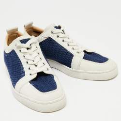Pre Owned Christian Louboutin White/Navy Blue Leather and Woven Fabric Rantulow Low-Top Sneakers Size 40