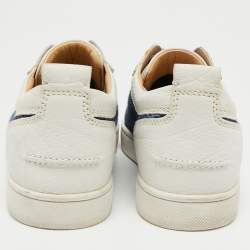 Pre Owned Christian Louboutin White/Navy Blue Leather and Woven Fabric Rantulow Low-Top Sneakers Size 40