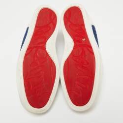 Pre Owned Christian Louboutin White/Navy Blue Leather and Woven Fabric Rantulow Low-Top Sneakers Size 40
