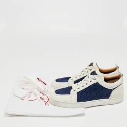 Pre Owned Christian Louboutin White/Navy Blue Leather and Woven Fabric Rantulow Low-Top Sneakers Size 40