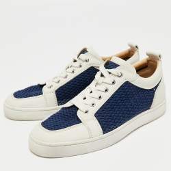 Pre Owned Christian Louboutin White/Navy Blue Leather and Woven Fabric Rantulow Low-Top Sneakers Size 40