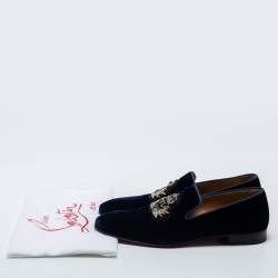 مملوكة مسبقًا Christain Louboutin Navy Blue Velvet Dandelion Crystal Embellished Smoking Slippers Size 40