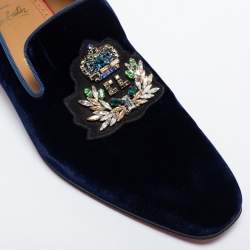 مملوكة مسبقًا Christain Louboutin Navy Blue Velvet Dandelion Crystal Embellished Smoking Slippers Size 40