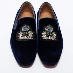 مملوكة مسبقًا Christain Louboutin Navy Blue Velvet Dandelion Crystal Embellished Smoking Slippers Size 40