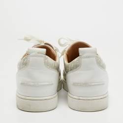 مملوكة مسبقًا Christian Louboutin White Leather and Printed Patent Leather Louis Junior Spikes Low Top Sneakers Size 44