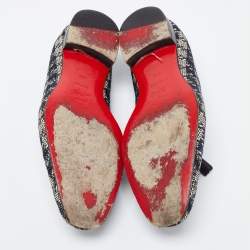 Pre Owned Christian Louboutin Black/White Woven Fabric Dandelion Tassel Slip On Loafers Size 40.5