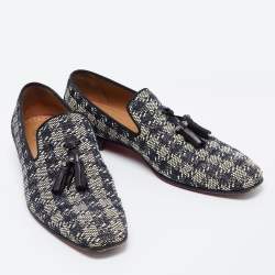 Pre Owned Christian Louboutin Black/White Woven Fabric Dandelion Tassel Slip On Loafers Size 40.5