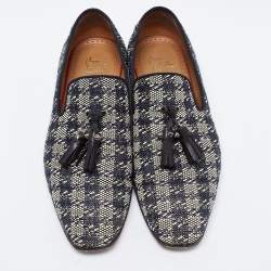 Pre Owned Christian Louboutin Black/White Woven Fabric Dandelion Tassel Slip On Loafers Size 40.5
