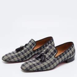 Pre Owned Christian Louboutin Black/White Woven Fabric Dandelion Tassel Slip On Loafers Size 40.5