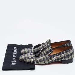 Pre Owned Christian Louboutin Black/White Woven Fabric Dandelion Tassel Slip On Loafers Size 40.5