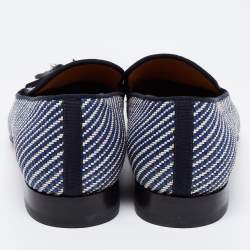 Pre Owned Christian Louboutin White/Blue Woven Fabric Dandelion Tassel Slip On Loafers Size 40.5