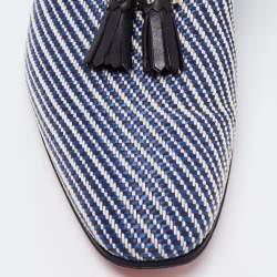 Pre Owned Christian Louboutin White/Blue Woven Fabric Dandelion Tassel Slip On Loafers Size 40.5