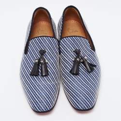 Pre Owned Christian Louboutin White/Blue Woven Fabric Dandelion Tassel Slip On Loafers Size 40.5