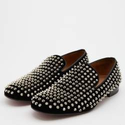 مملوكة مسبقًا Christian Louboutin Black Velvet Dandelion Spike Smoking Slippers Size 43