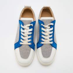 مملوكة مسبقًا Christian Louboutin White/Navy Blue Leather and Woven Fabric Rantulow Low Top Sneakers Size 43