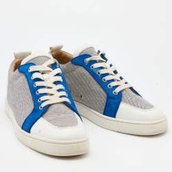 مملوكة مسبقًا Christian Louboutin White/Navy Blue Leather and Woven Fabric Rantulow Low Top Sneakers Size 43
