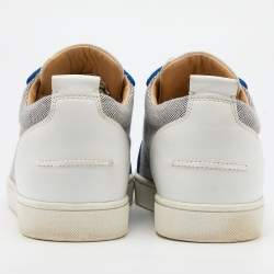 مملوكة مسبقًا Christian Louboutin White/Navy Blue Leather and Woven Fabric Rantulow Low Top Sneakers Size 43