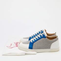 مملوكة مسبقًا Christian Louboutin White/Navy Blue Leather and Woven Fabric Rantulow Low Top Sneakers Size 43