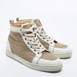 Christian Louboutin Beige/White Woven Fabric and Leather Rantus Orlato High Top Sneakers Size 40