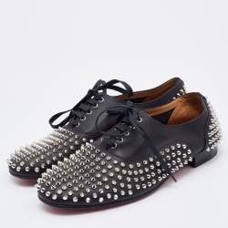 Pre Owned Christian Louboutin Black Leather Freddy Spikes Lace Up Oxfords Size 43
