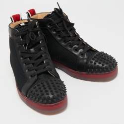 Christian Louboutin Black/Red Leather, Mesh and Neoprene Louis Spikes Orlato Sneakers Size 40
