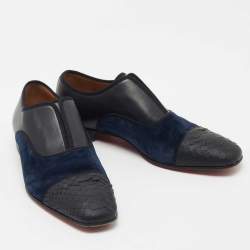 Pre Owned Christian Louboutin Black/Navy Blue Python and Suede Alpha Male Oxfords Size 40   