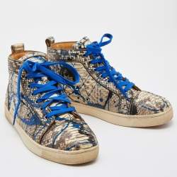 Christian Louboutin Blue/Grey Python Leather Graffiti Louis Flat High Top Sneakers Size 41