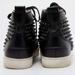 Pre Owned Christian Louboutin Black Leather Louis Junior Spikes High Top Sneakers Size 44