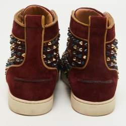 Pre Owned Christian Louboutin Burgundy Suede Louis Spikes High Top Sneakers Size 39