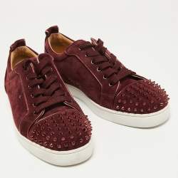 Pre Owned Christian Louboutin Burgundy Suede Spike Cap Toe Low Top Sneakers Size 45