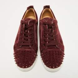 Pre Owned Christian Louboutin Burgundy Suede Spike Cap Toe Low Top Sneakers Size 45