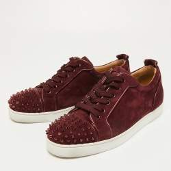 Pre Owned Christian Louboutin Burgundy Suede Spike Cap Toe Low Top Sneakers Size 45