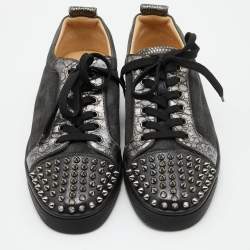 Pre Owned Christian Louboutin Grey Leather and Suede Louis Junior Spike Low Top Sneakers Size 40