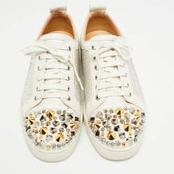 Christian Louboutin White Leather Louis Junior Mix Spikes And Crystal Embellished Sneaker Size 43.5