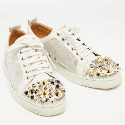 Christian Louboutin White Leather Louis Junior Mix Spikes And Crystal Embellished Sneaker Size 43.5