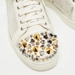 Christian Louboutin White Leather Louis Junior Mix Spikes And Crystal Embellished Sneaker Size 43.5