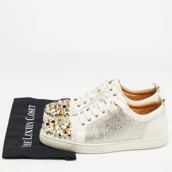 Christian Louboutin White Leather Louis Junior Mix Spikes And Crystal Embellished Sneaker Size 43.5
