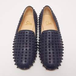 Christian Louboutin Navy Blue Leather Dandelion Spike Slip On Loafers Size 41