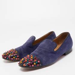 مملوكة مسبقًا Christian Louboutin Navy Blue/Black Suede and Patent Leather Spooky Spike Smoking Slippers Size 43