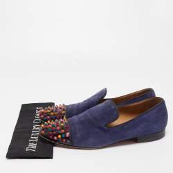 مملوكة مسبقًا Christian Louboutin Navy Blue/Black Suede and Patent Leather Spooky Spike Smoking Slippers Size 43