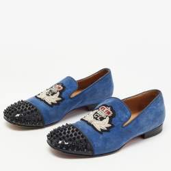 مملوكة مسبقًا Christian Louboutin Blue/Black Suede and Patent Leather Harvanana Spiked Smoking Slippers Size 40