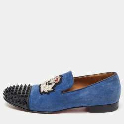 Christian Louboutin Blue/Black Suede and Patent Leather Harvanana Spiked Smoking Slippers Size 40