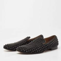 Pre Owned Christian Louboutin Black Suede Dandelion Spike Smoking Slippers Size 42.5