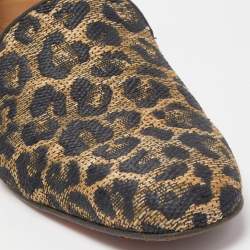 Pre Owned Christian Louboutin Black/Gold Raffia Animal Print Loafers Size 43