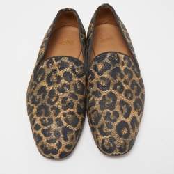 Pre Owned Christian Louboutin Black/Gold Raffia Animal Print Loafers Size 43