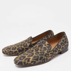 Pre Owned Christian Louboutin Black/Gold Raffia Animal Print Loafers Size 43
