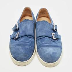Pre Owned Christian Louboutin Blue Suede Buckle Sneakers Size 43.5