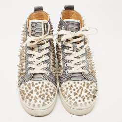 Christian Louboutin Grey/White Python and Leather Louis Spikes Sneakers Size 43